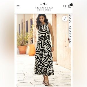 Peruvian Connection Cream and Navy Geometric Midi Dress. Women’s XS